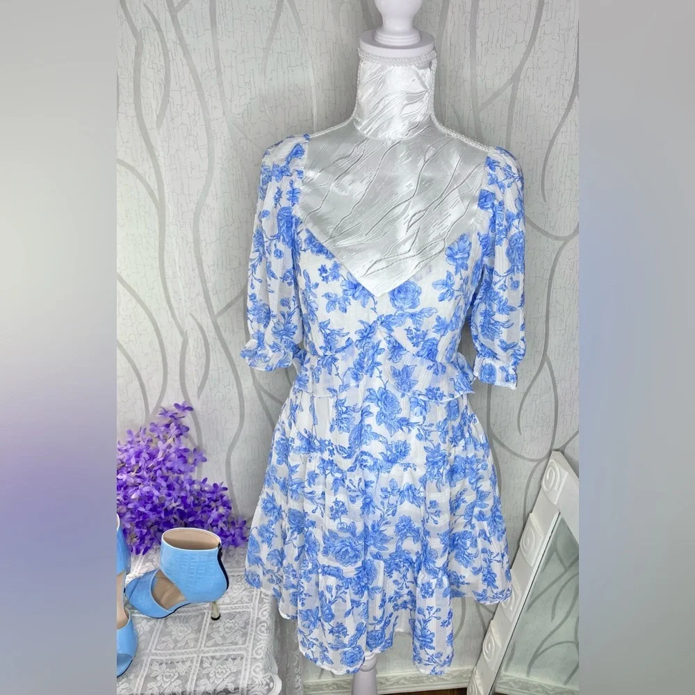 πΉ Trixxi πΉ NWT Blue & White Floral Ruffle Babydoll Dress - Picture 14 of 16